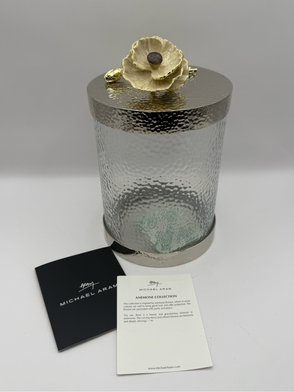Michael Aram Anemone Small Canister Glass Gold Flower Lid 175081 w/ Papers